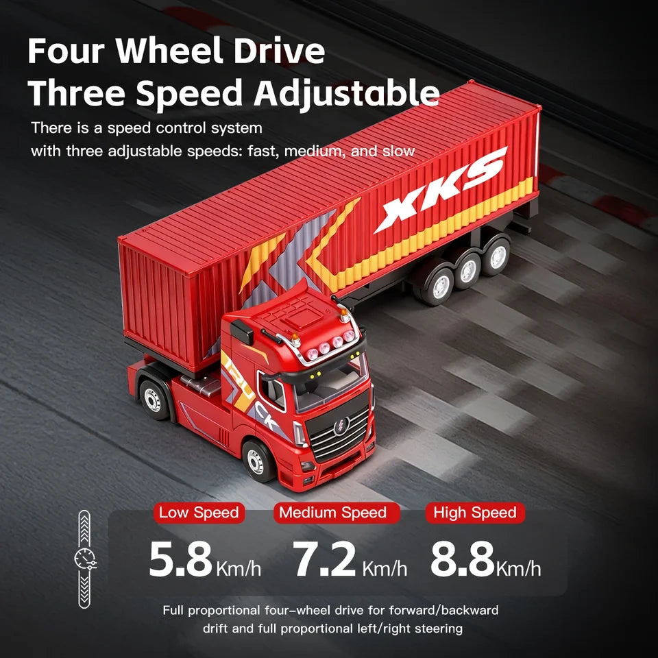WLtoys XK 6408 1/64 4WD Alloy RC Tractor Truck with Independent Control Liftable Container Lights & Horn Cruise Control RC Car T