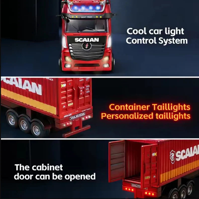 WLtoys XK 6408 1/64 4WD Alloy RC Tractor Truck with Independent Control Liftable Container Lights & Horn Cruise Control RC Car T